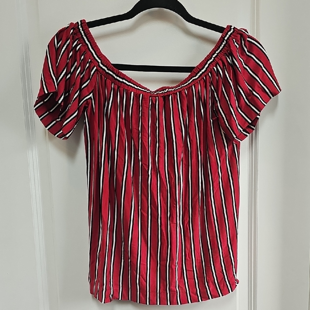 LOFT Red and White Bell Sleeve Relaxed Blouse